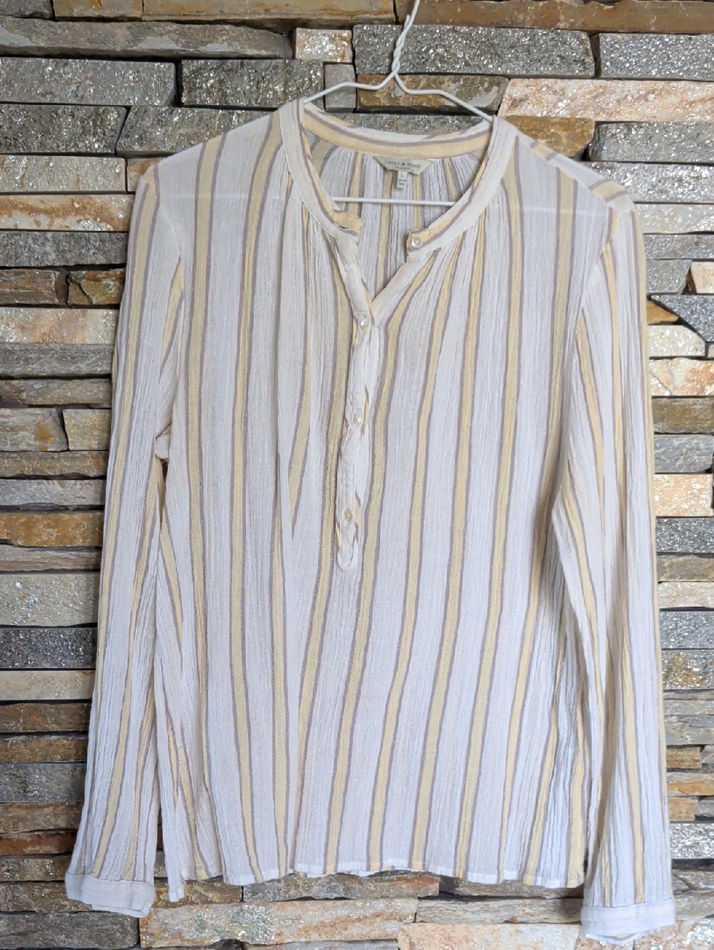 Lucky Brand Gray and Pale Yellow Striped Long Sleeve Henley, Size L